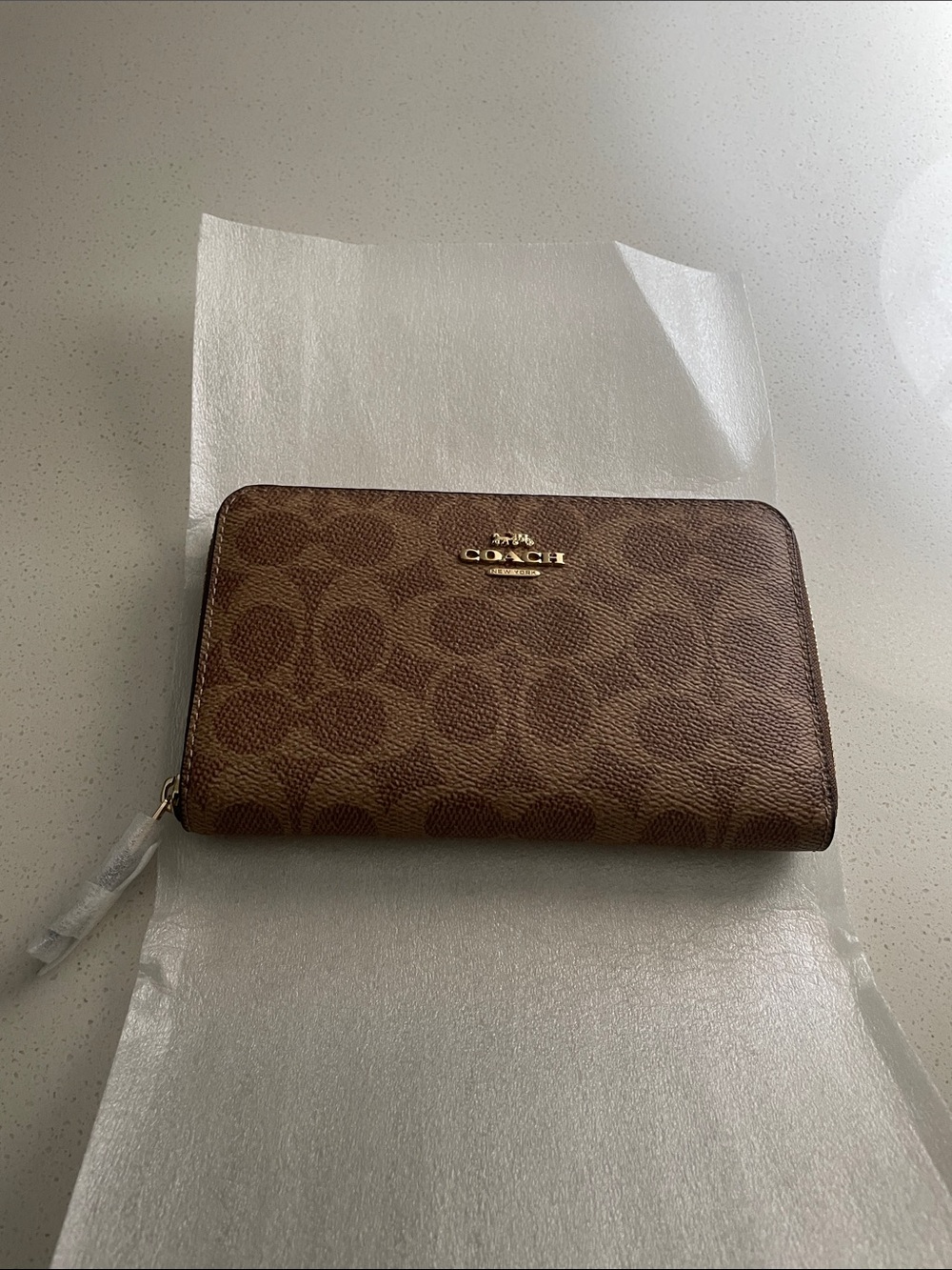 Coach Brown Signature Zip-Around Wallet with Gold Logo
